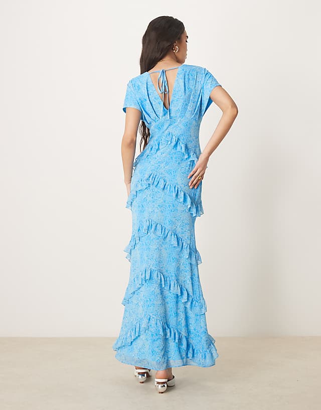 Asos Pretty Lavish Chiffon Ruffle Maxi Dress In Abstract Blue Floral