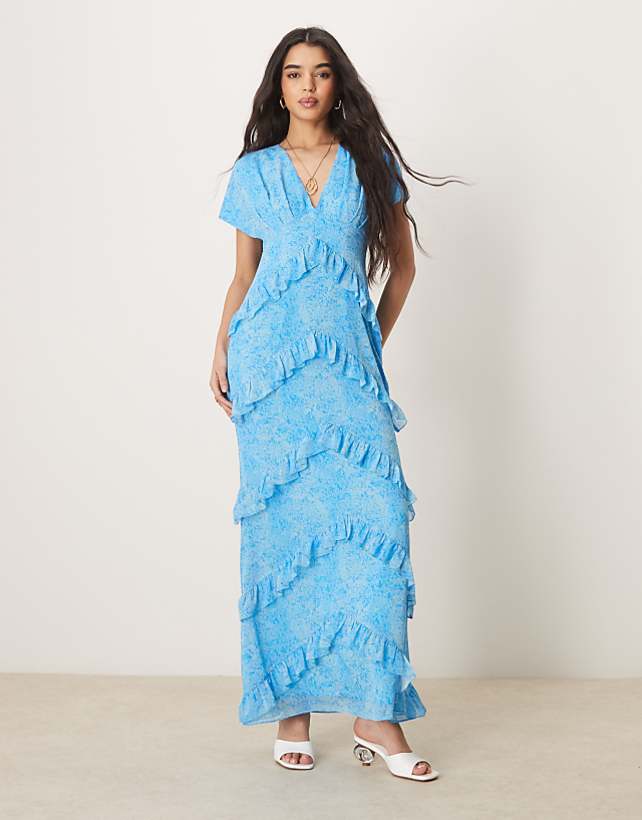 asos Pretty Lavish chiffon ruffle maxi dress in abstract blue floral