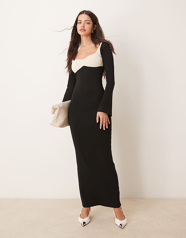 Asos Pretty Lavish Contrast Knit Maxi Dress In Black