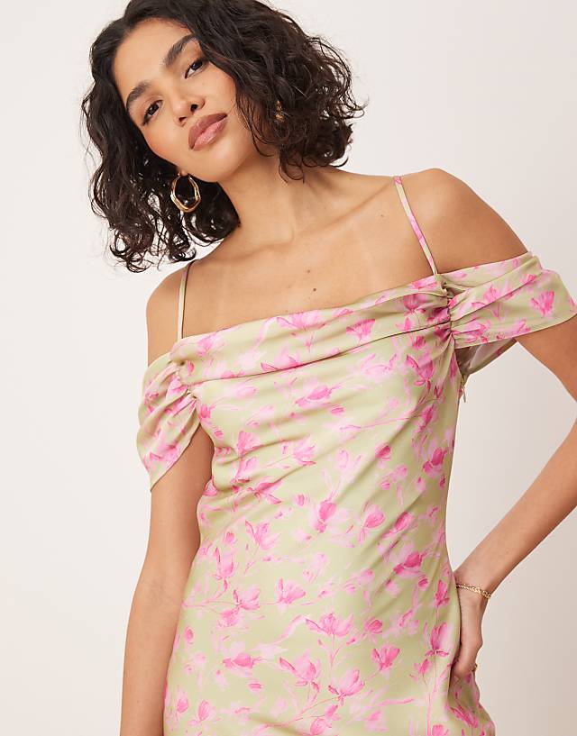 Asos Pretty Lavish Cowl Neck Slip Maxi Dress In Olive And Fuchsia Floral