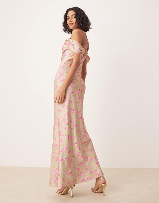 Asos Pretty Lavish Cowl Neck Slip Maxi Dress In Olive And Fuchsia Floral