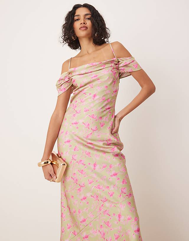 Asos Pretty Lavish Cowl Neck Slip Maxi Dress In Olive And Fuchsia Floral