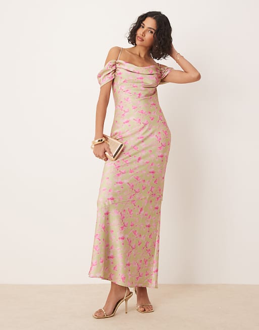asos Pretty Lavish cowl neck slip maxi dress in olive and fuchsia floral