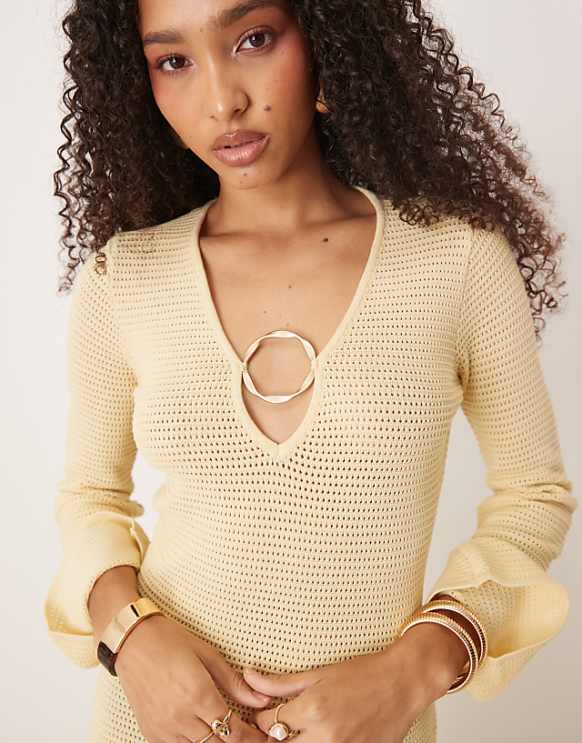 Asos Pretty Lavish Gold Hardware Crochet Knit Midaxi Dress In Lemon