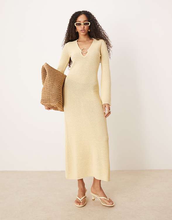 asos Pretty Lavish gold hardware crochet knit midaxi dress in lemon