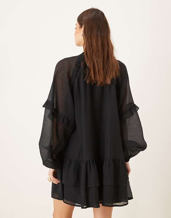 Asos Pretty Lavish Long Sleeve Ruffle Mini Dress In Black