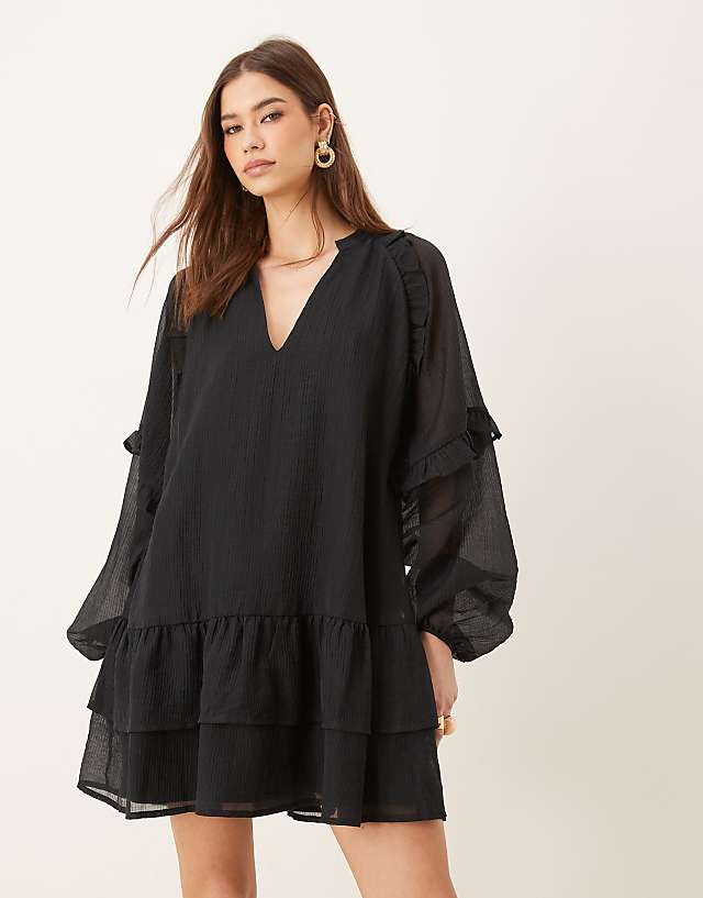 Asos Pretty Lavish Long Sleeve Ruffle Mini Dress In Black