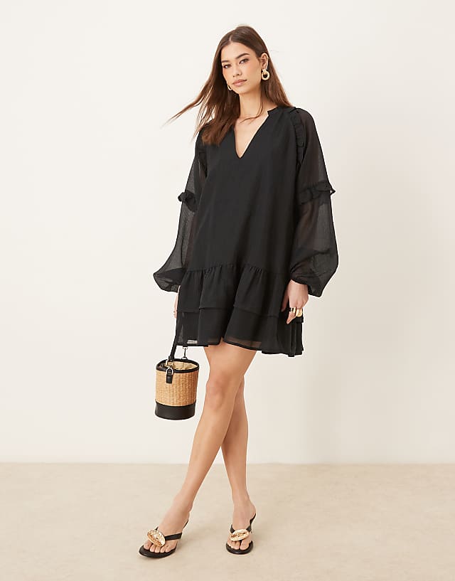 asos Pretty Lavish long sleeve ruffle mini dress in black