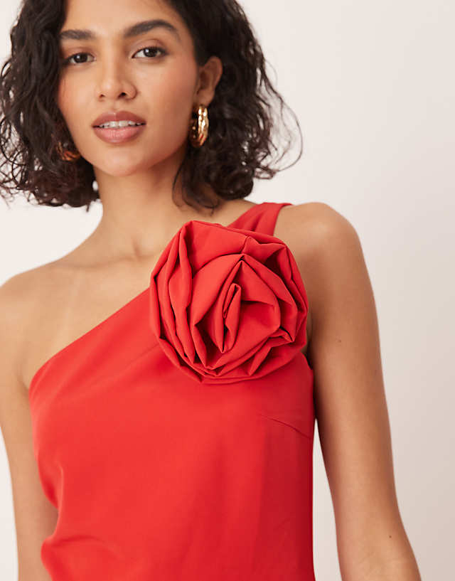 Asos Pretty Lavish One Shoulder Corsage Maxi Dress In Red