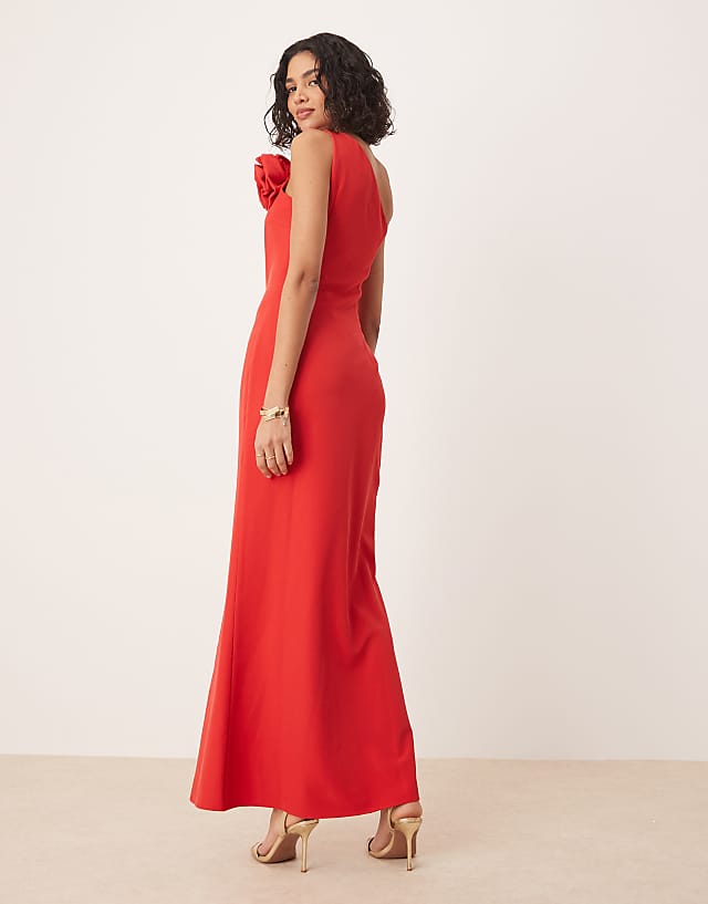 Asos Pretty Lavish One Shoulder Corsage Maxi Dress In Red