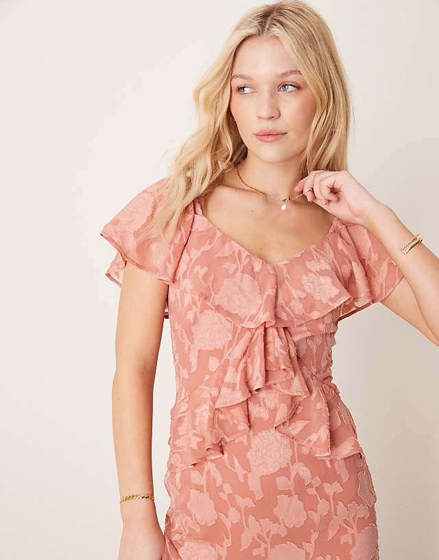 Asos Pretty Lavish Ruffle Jacquard Midaxi Dress In Terracotta