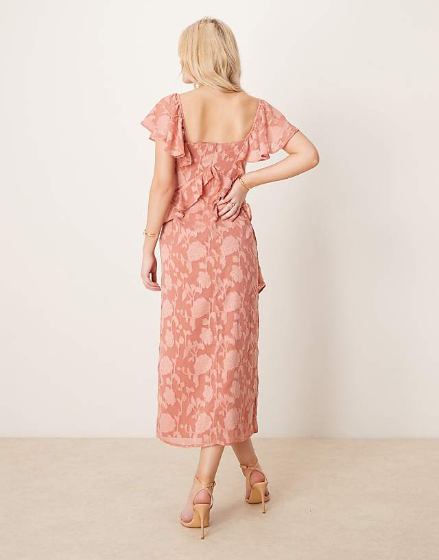 Asos Pretty Lavish Ruffle Jacquard Midaxi Dress In Terracotta