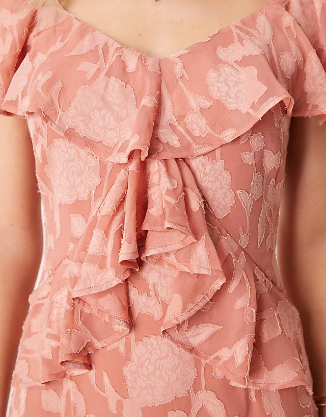 Asos Pretty Lavish Ruffle Jacquard Midaxi Dress In Terracotta