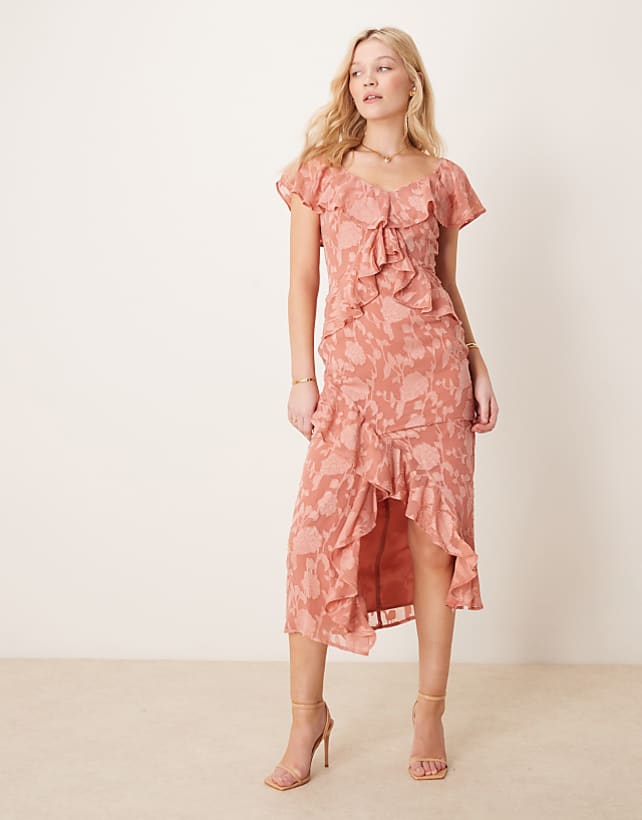 asos Pretty Lavish ruffle jacquard midaxi dress in terracotta