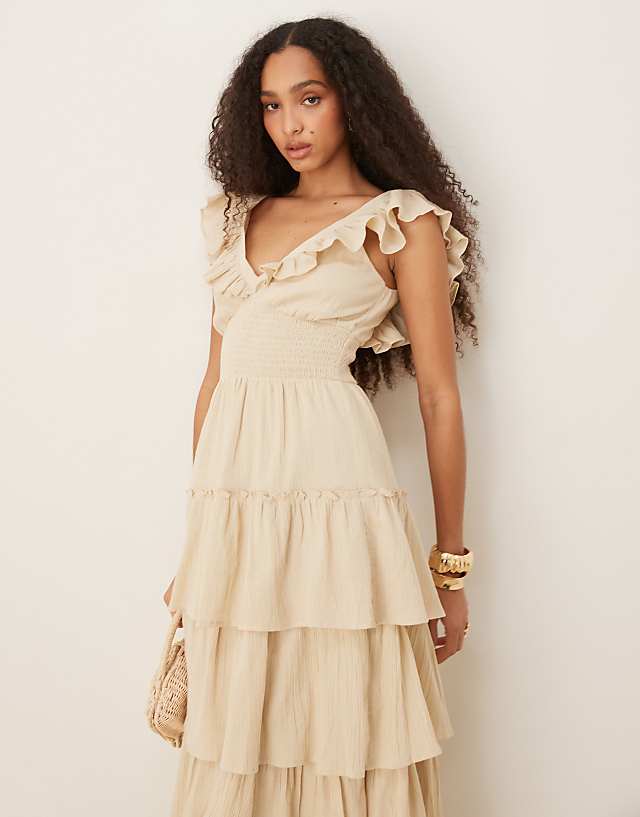 Asos Pretty Lavish Shirred Ruffle Maxi Dress In Sand
