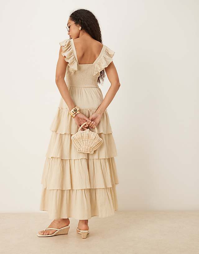 Asos Pretty Lavish Shirred Ruffle Maxi Dress In Sand