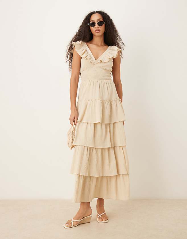 asos Pretty Lavish shirred ruffle maxi dress in sand