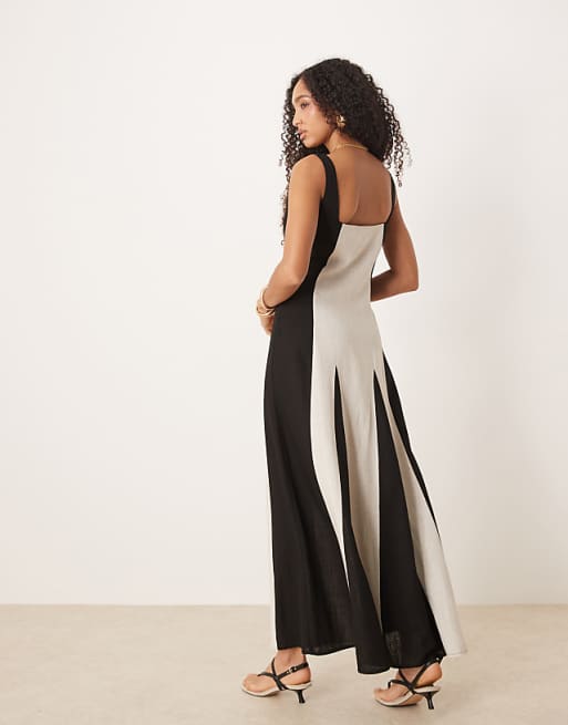 Asos Pretty Lavish Square Neck Contrast Linen Maxi Dress In Cream And Black
