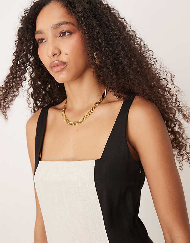 Asos Pretty Lavish Square Neck Contrast Linen Maxi Dress In Cream And Black