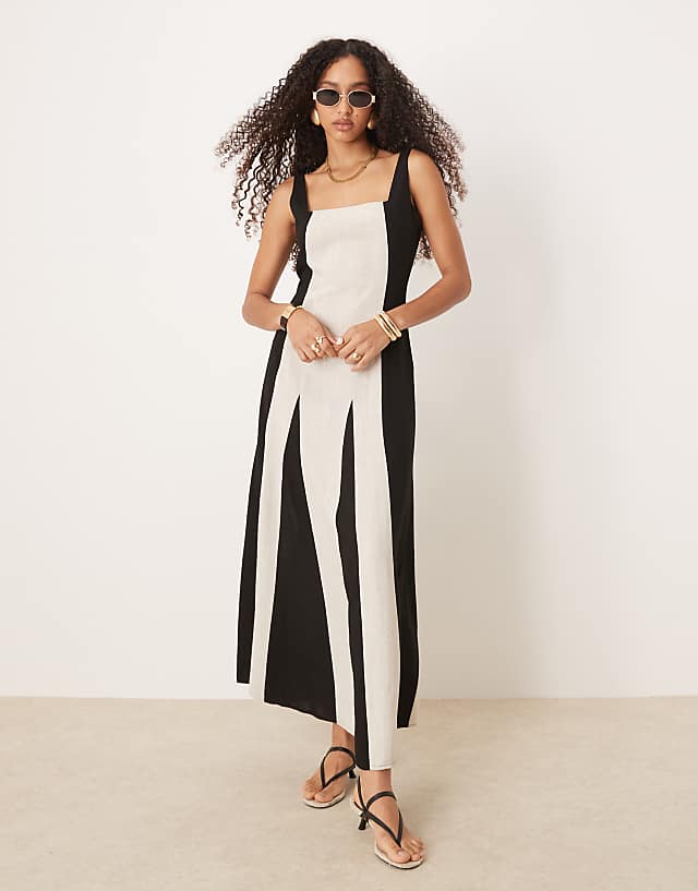 asos Pretty Lavish square neck contrast linen maxi dress in cream and black