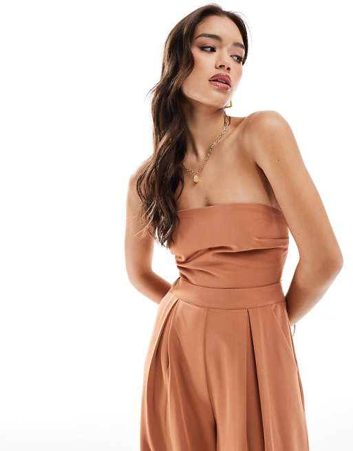 Asos Pretty Lavish Strapless Jumpsuit With Pockets In Sienna Brown