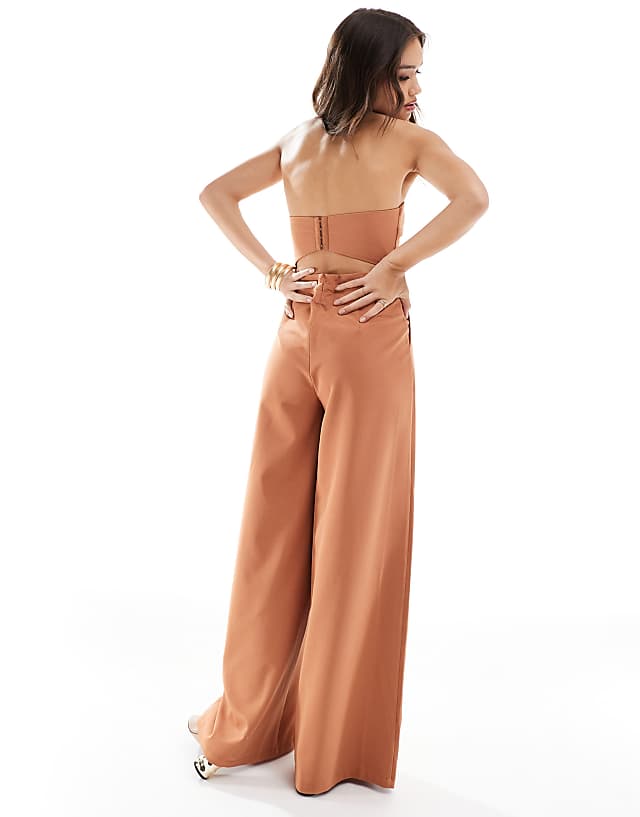 Asos Pretty Lavish Strapless Jumpsuit With Pockets In Sienna Brown