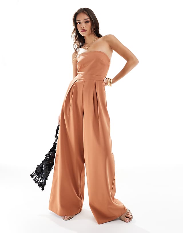 Asos Pretty Lavish Strapless Jumpsuit With Pockets In Sienna Brown