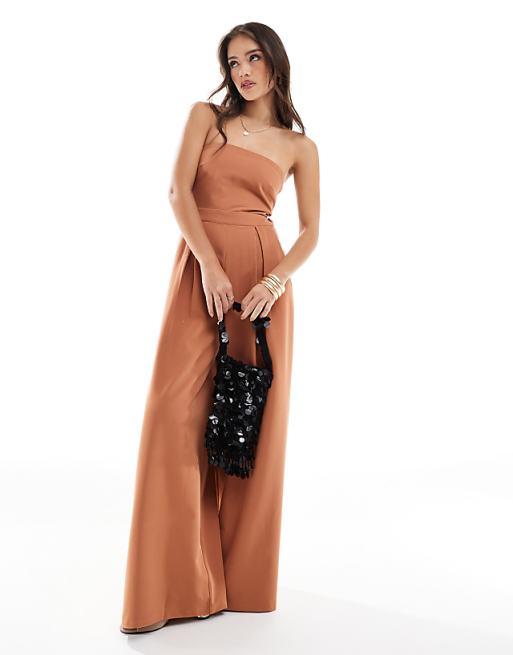 asos Pretty Lavish strapless jumpsuit with pockets in sienna brown