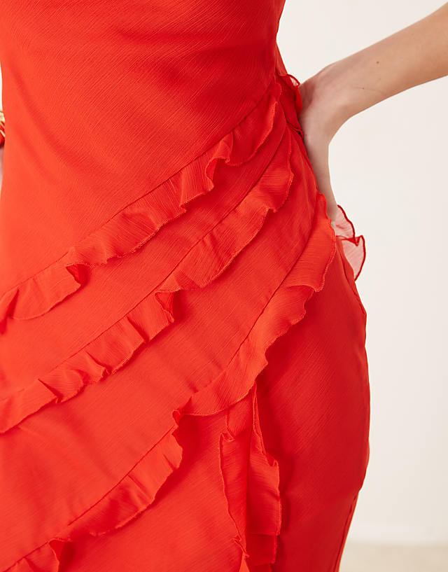 Asos Pretty Lavish Textured Asymmetric Ruffle Maxi Dress In Bright Red