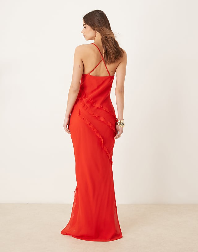 Asos Pretty Lavish Textured Asymmetric Ruffle Maxi Dress In Bright Red