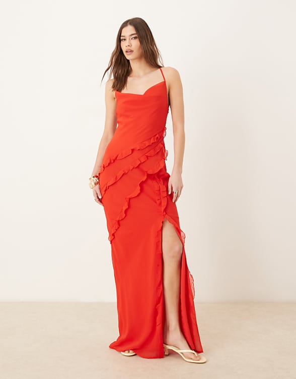 asos Pretty Lavish textured asymmetric ruffle maxi dress in bright red