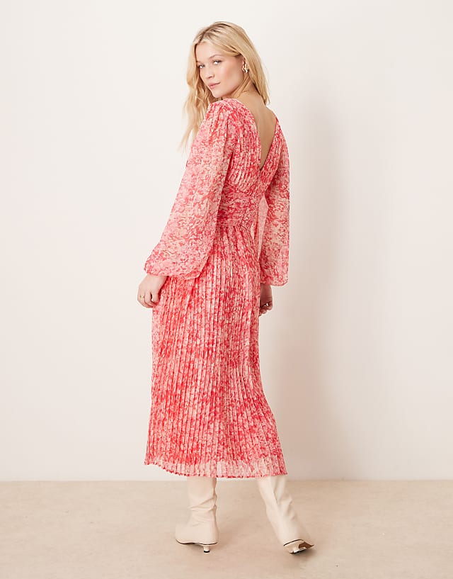 Asos Pretty Lavish Twist Bodice Pleated Maxi Dress In Pink Abstract Floral