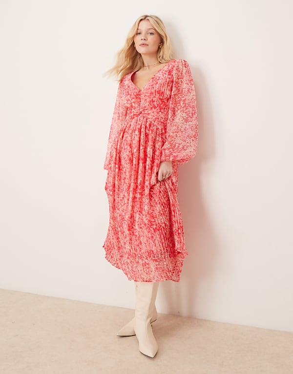 asos Pretty Lavish twist bodice pleated maxi dress in pink abstract floral