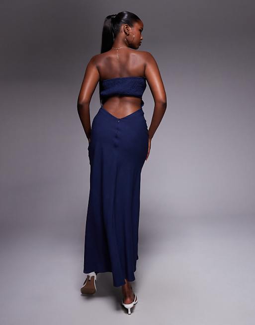 Asos Princess Polly Contains Linen Bandeau Shirred Back Cut Out Detail Maxi Dress In Navy