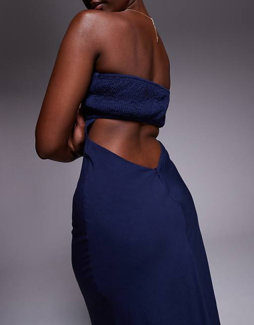 Asos Princess Polly Contains Linen Bandeau Shirred Back Cut Out Detail Maxi Dress In Navy
