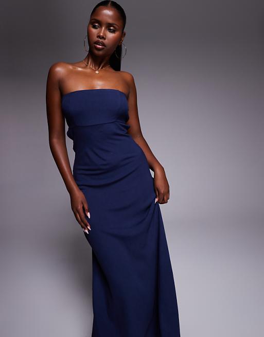 Asos Princess Polly Contains Linen Bandeau Shirred Back Cut Out Detail Maxi Dress In Navy