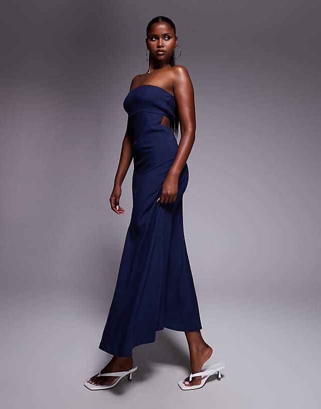 asos Princess Polly contains linen bandeau shirred back cut out detail maxi dress in navy