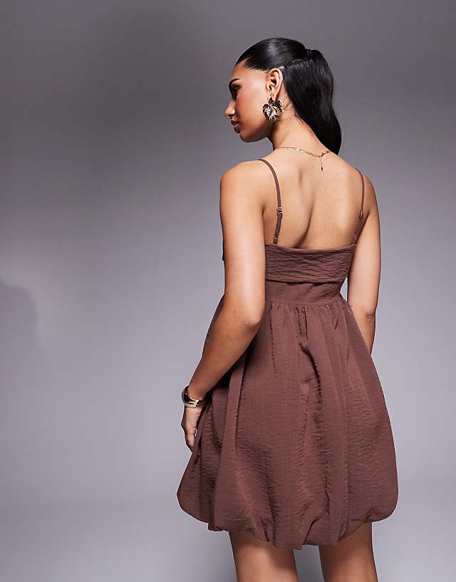 Asos Princess Polly Layken Cami Fold Over Detail Square Neck Puff Ball Mini Dress In Brown