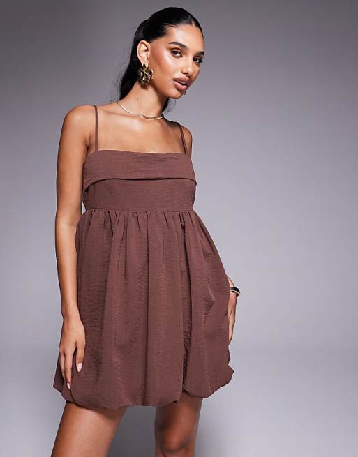 asos Princess Polly Layken cami fold over detail square neck puff ball mini dress in brown