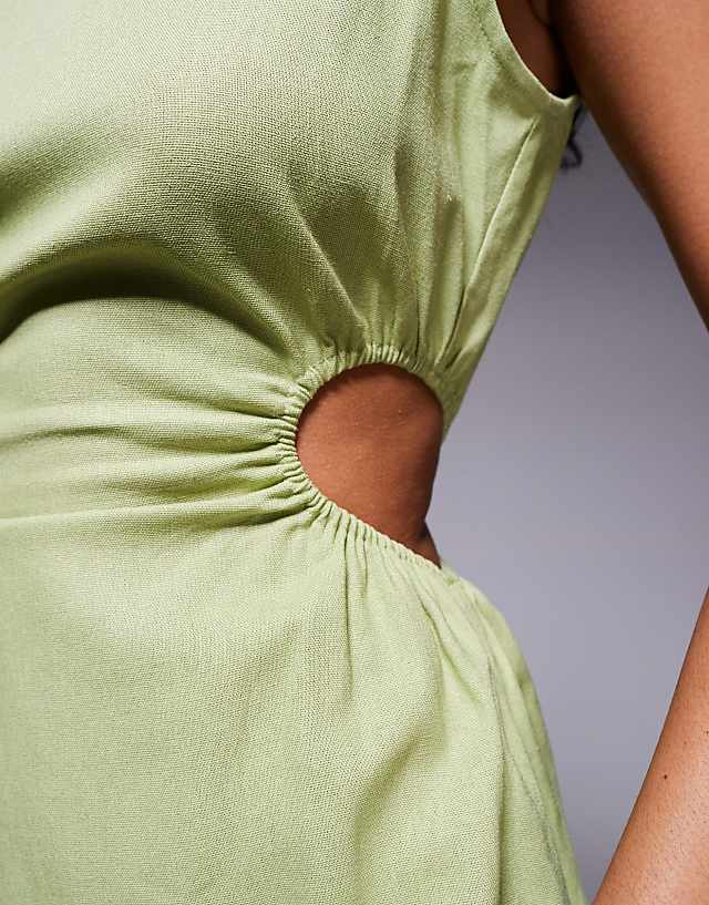 Asos Princess Polly Mayzie Linen Blend Cut Out Side Sleeveless Mini Dress In Sage Green