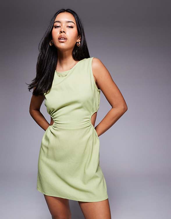 asos Princess Polly Mayzie linen blend cut out side sleeveless mini dress in sage green