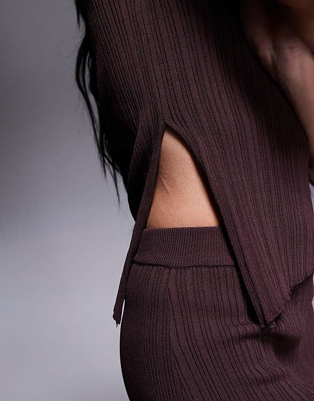 Asos Princess Polly Ribbed Sleeveless Asymmetric Top And Maxi Skirt Full Set In Chocolate