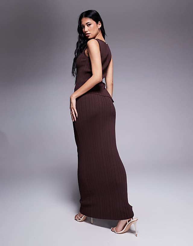 Asos Princess Polly Ribbed Sleeveless Asymmetric Top And Maxi Skirt Full Set In Chocolate
