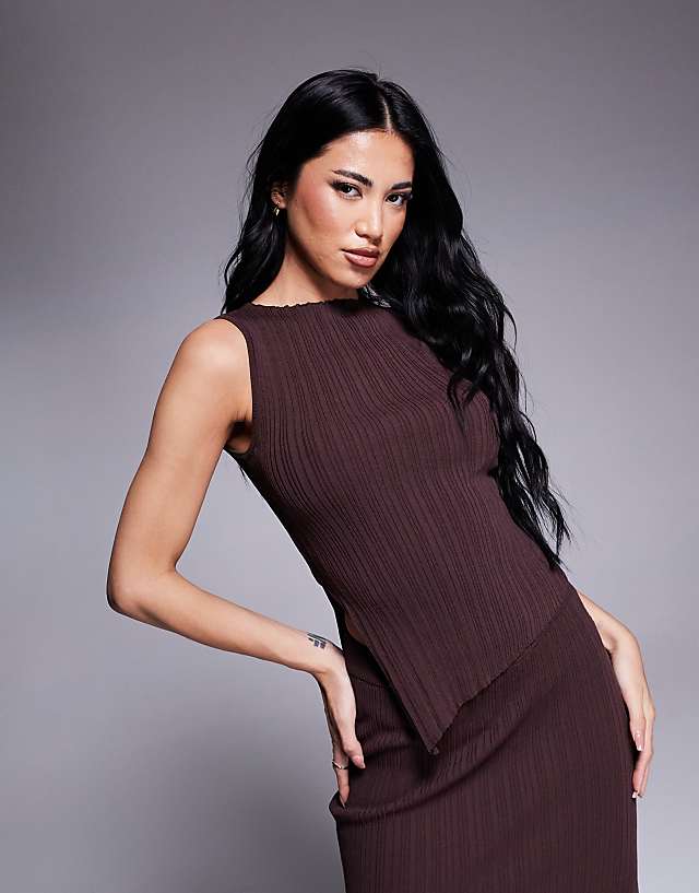 Asos Princess Polly Ribbed Sleeveless Asymmetric Top And Maxi Skirt Full Set In Chocolate