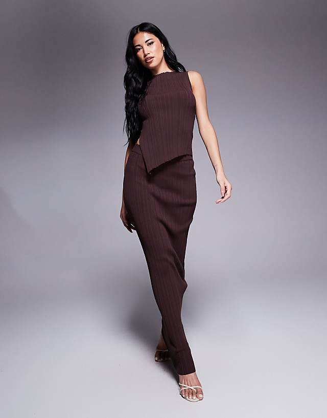 asos Princess Polly ribbed sleeveless asymmetric top and maxi skirt full set in chocolate