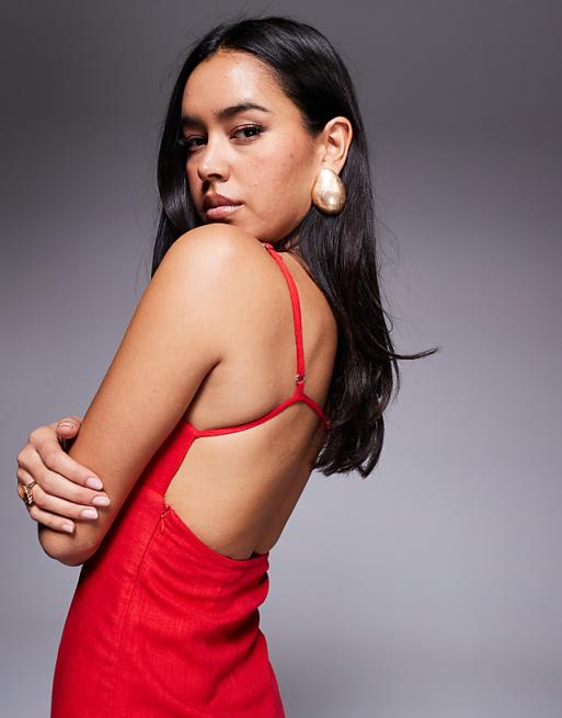 Asos Princess Polly Wurli Linen Blend Cami Square Neck Open Back Mini Dress In Red