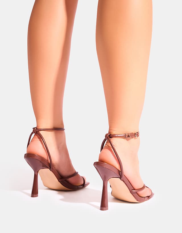 Asos Public Desire Bree Pu Barely There Square Toe Mid Stiletto Heels In Chocolate