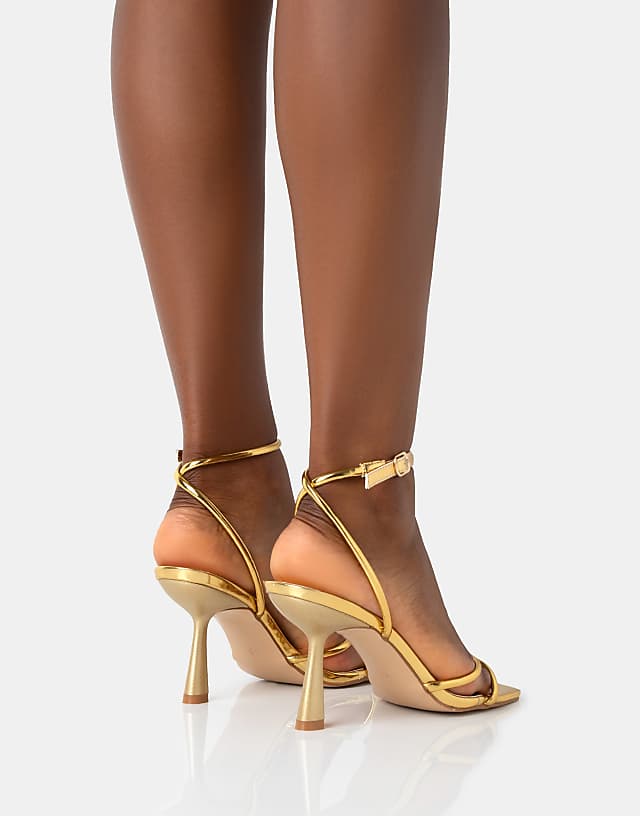 Asos Public Desire Bree Pu Barely There Square Toe Mid Stiletto Heels In Gold Pu