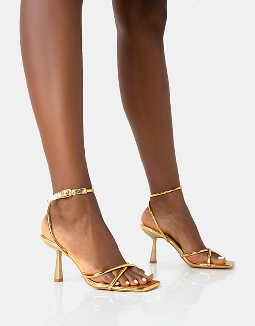 asos Public Desire Bree pu barely there square toe mid stiletto heels in gold pu