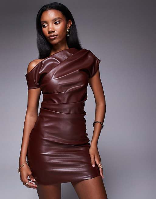 asos Public Desire Faux leather ruched detail one shoulder mini dress brown in brown